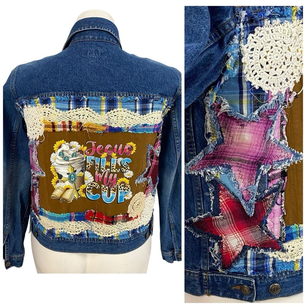 Upcycled Denim Jacket Womens Sz Large Christian Coffee Grunge Patchwork Folk Art